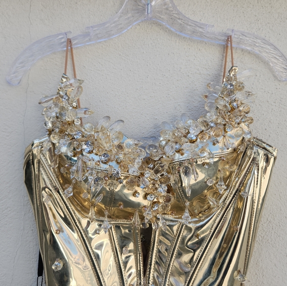 LENA BERISHA Metallic Gold Corset Couture Dress with Gemstone Detail - Picture 5 of 14
